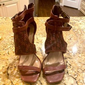Brown high heeled leather sandals